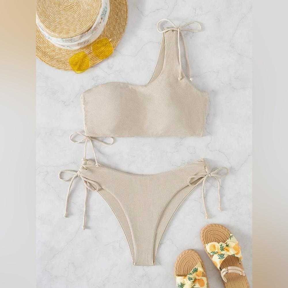 NEW shein Ribbed One Shoulder Tie Side Bikini Swimsuit Set Khaki Large